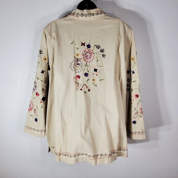 Denim & Co. Womens Beige Embroidered Button Shirt Jacket 1X Floral Long Sleeve - Picture 13 of 14